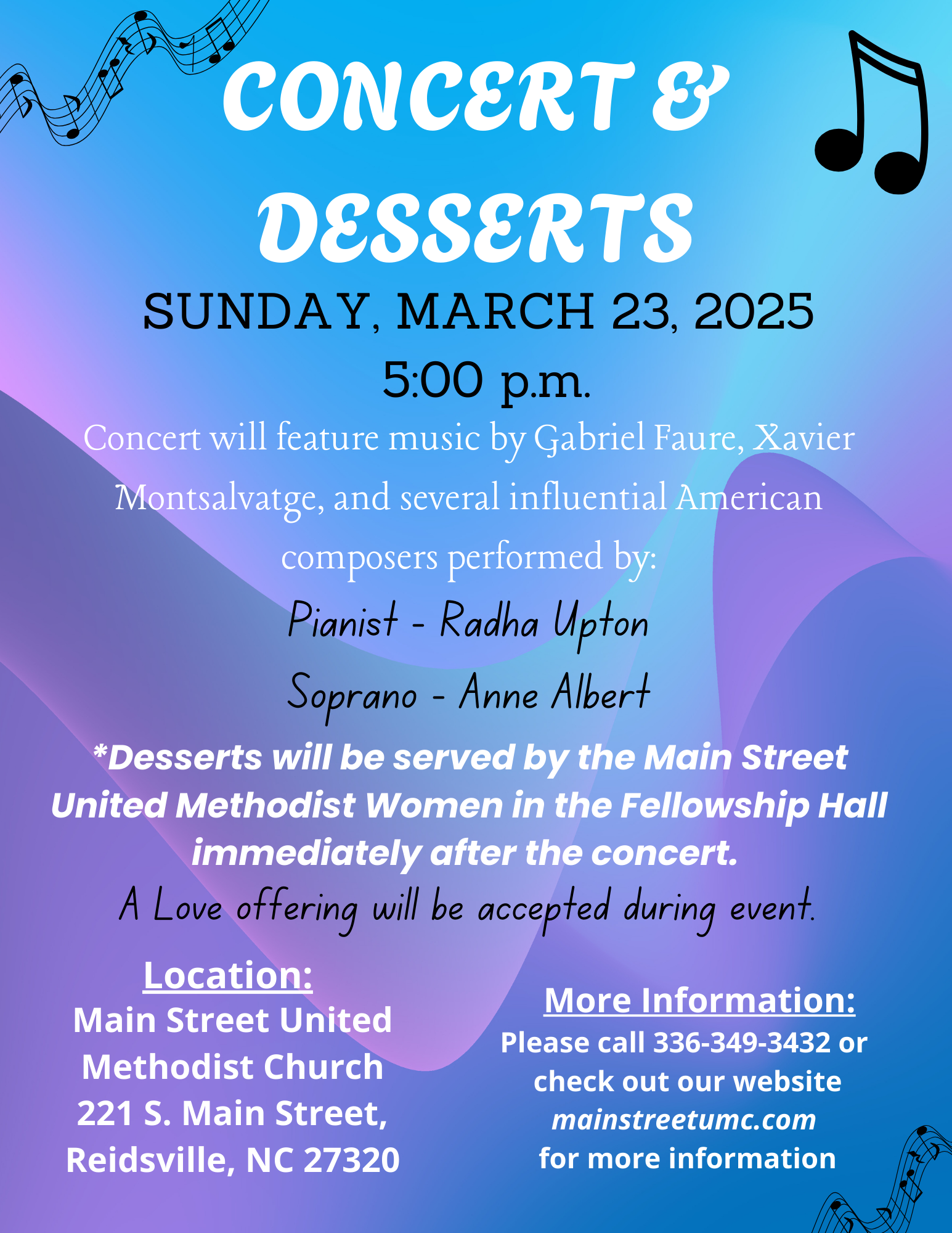 CONCERT & DESSERTS – SUNDAY, MARCH 23, 2025 AT 5:00 P.M.